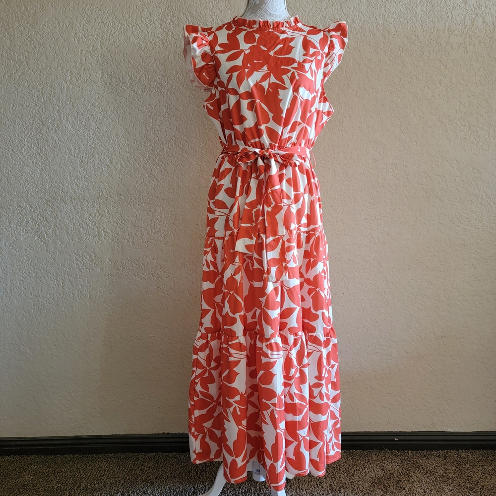 Women's Orange and White Floral Tie-Waist Maxi Dress Sz XL